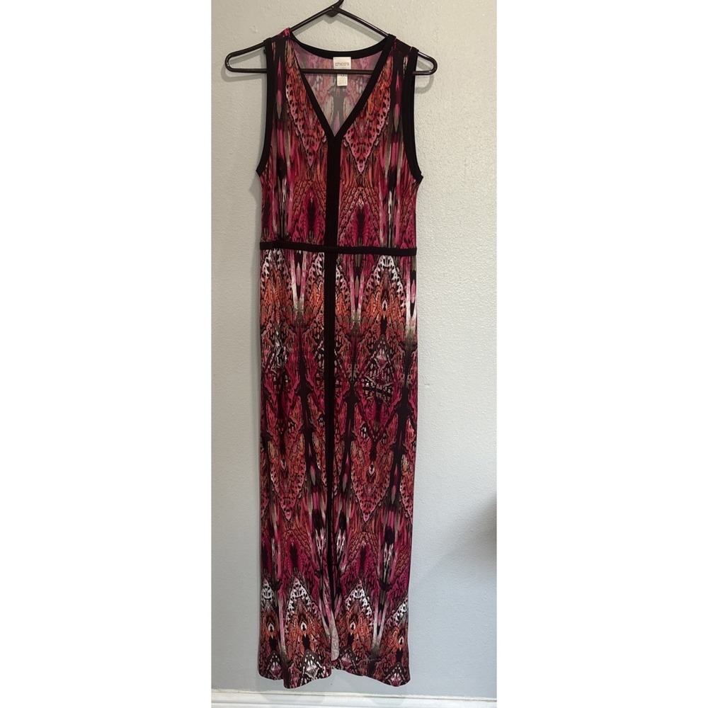 Chico's Sz 0 Multicolor‎ Maxi Graphic Dress Sleeveless Contrast Solid Borders